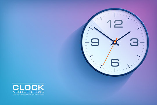 Realistic simple Clock in flat style with numbers, watch on purple and blue background. Business illustration for you presentation. Vector design object
