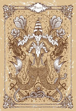 Vector Fantasy Zodiac sign Pisces or Fish in gothic frame on texture. Hand drawn engraved illustration