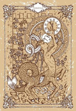 Vector Fantasy Zodiac sign Capricorn in gothic frame on texture. Hand drawn engraved illustration