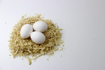 Chicken eggs in a nest of sawdust on a white background