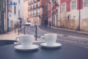 Morning coffee on the terrace in cafe.