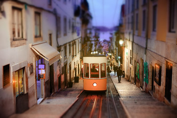 Fototapeta na wymiar Lisbon yellow tram funicular