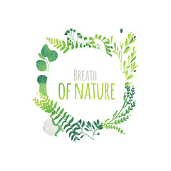 Round frame, decorations element made of green leaves, twigs, herbs, meadow flowers and branches with place for text, flat doodle vector illustration isolated on white background