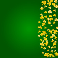 Clover background for Saint Patricks Day. Lucky trefoil confetti. Glitter frame of shamrock leaves. Template for gift coupons, vouchers, ads, events. Decorative clover background.