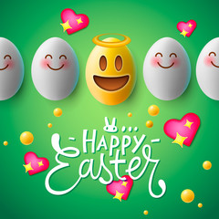 Fototapeta na wymiar Happy Easter poster, easter eggs with cute smiling emoji faces, vector.