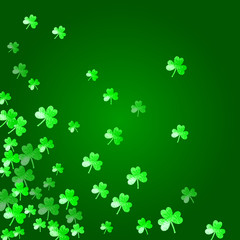 St patricks day background with shamrock. Lucky trefoil confetti. Glitter frame of clover leaves. Template for gift coupons, vouchers, ads, events. Greeting st patricks day backdrop.