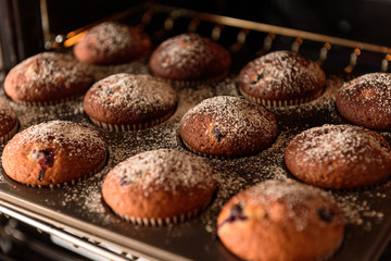 homemade muffins with forest berries on a baking tray in the oven