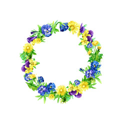 Round frame wreath of dandelion and violet flowers painted in watercolor.