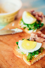 bruschetta, appetizer, canapes: fish tuna and spinach on toast of white bread, with egg on wooden Board