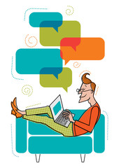 Laptop_man/A man lies on the sofa. He speaks in chat. A man uses a laptop.