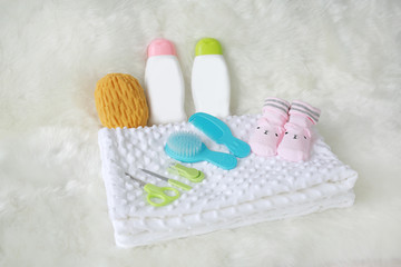 Obraz na płótnie Canvas Children's bath products and hygiene items.