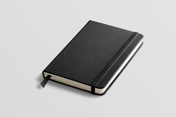 Photorealistic black leather notebook mockup on light grey background, front view. 