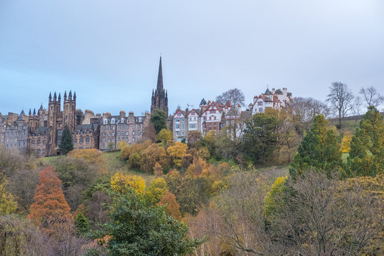 Beautiful view of Ramsay Gardens and building on Royal Miles in Edinburgh, United Kingdom