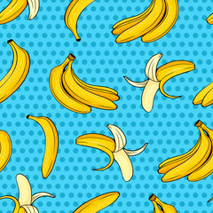 Different hand drawn yellow banana on blue dots background. Vector comic seamless pattern in pop art retro style. - 195982955