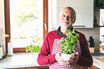 Senior man preparing food in the kitchen.