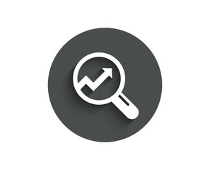 Chart simple icon. Report graph or Sales growth sign in Magnifying glass. Analysis and Statistics data symbol. Circle flat button with shadow. Vector