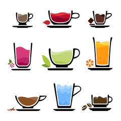 Set of cup of tea, coffee, water, milk or juice. Color icons of beverages. JPG include isolated path