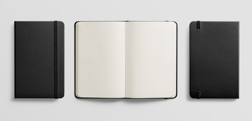 Photorealistic black leather notebook mockup on light grey background, front, rear and opened view. 