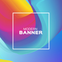 Liquid Poster. Bright Colorful Wave Smoke Shapes with Square frame. Space for text. Abstract Colorful Dynamic Effect on blue. Modern Template Banner.