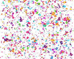 Carnaval or Festival Confetti. Colorful confetti pieces. Celebration party or Holiday background. Flying colorful glitter particles. Decoration pattern. Vector