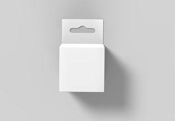 Hanging white blank cardboard packaging box with hang tab retail box for mock up design and design presentation. 3d render illustration.