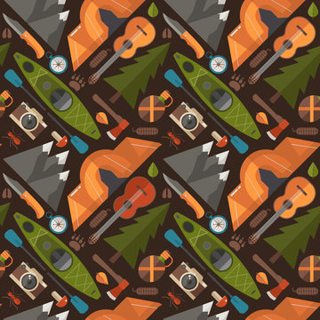 Summer Hiking Pattern With Forest Adventure Elements And Icons. Rafting And Camping Seamless Background With Tent, Kayak Boat, Mountains And Other Tourist Trip Or Expedition Objects.