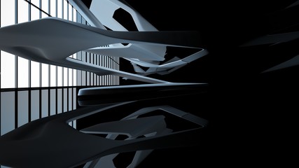 Abstract dynamic interior with black smooth objects. 3D illustration and rendering