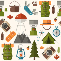 Hiking pattern with forest adventure and summer activity elements and icons. Picnic and camping seamless background with camp tent, barbecue and other tourist trip or expedition equipment in flat.
