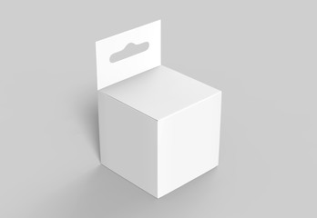 Obraz premium Hanging white blank cardboard packaging box with hang tab retail box for mock up design and design presentation. 3d render illustration.