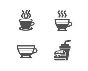 Set of Cappuccino, Tea cup and Cafe creme icons. Hamburger sign. Coffee cup, Coffee mug, Burger with drink.  Quality design elements. Classic style. Vector