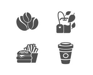 Set of Burger, Mint bag and Coffee-berry beans icons. Takeaway coffee sign. Cheeseburger, Mentha tea, Coffee beans. Hot latte drink.  Quality design elements. Classic style. Vector