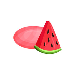 Natural handmade soap in oval shape and piece of ripe watermelon. Natural cosmetics for skin care and personal hygiene. Refreshing summer smell. Flat vector design