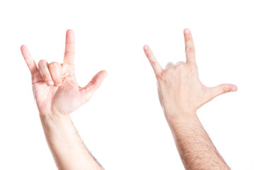 Set of hands gesturing heavy metal symbol, on white background.