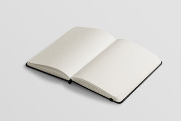 Photorealistic black leather notebook mockup on light grey background, opened view. 