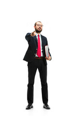 Obraz premium Full body portrait of businessman with folder on white