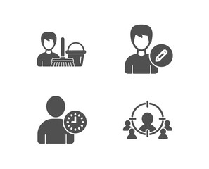 Set of Time management, Edit person and Cleaning service icons. Business targeting sign. User with clock, Change user info, Bucket with mop. People and target aim.  Quality design elements. Vector