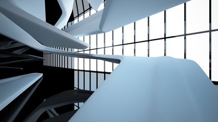 Abstract dynamic interior with black smooth objects. 3D illustration and rendering