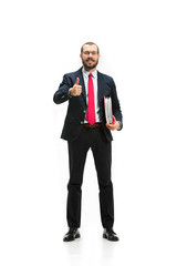 Obraz premium Full body portrait of businessman with folder on white