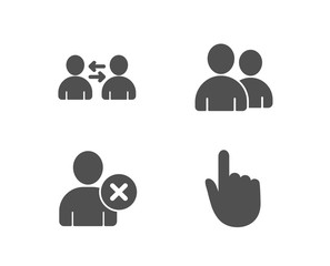 Set of Users, Delete user and Communication icons. Hand click sign. Couple of people, Remove profile, Users talking. Location pointer.  Quality design elements. Classic style. Vector