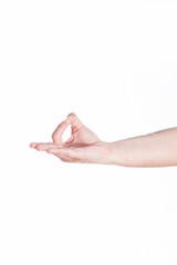 Hand gesturing Gyana mundra, on white background.
