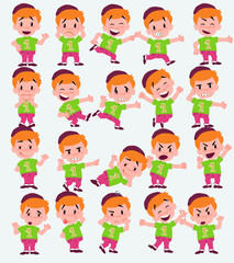 Cartoon character of a hipster boy. Set with different postures, attitudes and poses, doing different activities in isolated vector illustrations.