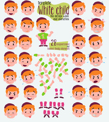 Hipster boy. Twenty eight expressions and basics body elements, template for design work and animation. Vector illustration to Isolated and funny cartoon character.