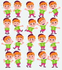 Cartoon character of a hipster boy. Set with different postures, attitudes and poses, doing different activities in isolated vector illustrations.