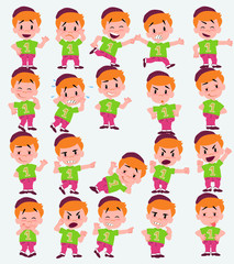 Cartoon character of a hipster boy. Set with different postures, attitudes and poses, doing different activities in isolated vector illustrations.