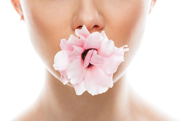 Photo closeup of young woman 20s holding one pink prairie gentian flower in her mouth, isolated over white background