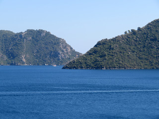 Coastline in the Mediterranean sea. Beautiful rocky Islands in the sea near Marmaris in Turkey