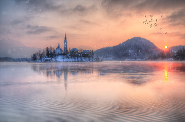 Amazing sunset at the lake Bled in winter, Slovenia.