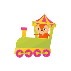 Cute little fox traveling by train. Cartoon animal character. Decorative element for postcard, poster of toy store or children s book. Colorful flat vector design
