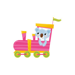 Funny blue koala with pink cheeks riding on colorful train. Cartoon animal character. Flat vector design for notebook cover, t-shirt print or children s room decor