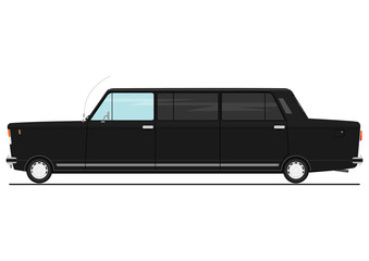Black cartoon stretch limo. Limousine side view. Flat vector.